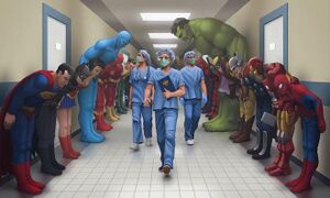 Супергерои кланяются врачам: пустой шаблон мема